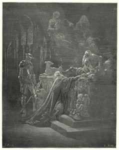 古斯塔夫·多尔 (Gustave Dore) 的《堂吉诃德》：“可敬的蒙特西诺斯跪在受苦的骑士面前”（版画） 作者 古斯塔夫·多尔（Gustave Dore）