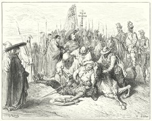 古斯塔夫·多尔 (Gustave Dore) 的唐吉诃德 (Don Quixote)：“乡绅声音中带着可悲的口音，终于把唐吉诃德称为他自己”（版画） 作者 古斯塔夫·多尔（Gustave Dore）