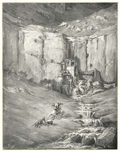 古斯塔夫·多尔 (Gustave Dore) 的《唐吉诃德》：“当他们走近时，即使是耐心的罗齐南特本人也听到可怕的声音”（雕刻） 作者 古斯塔夫·多尔（Gustave Dore）