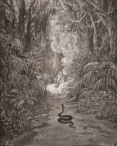 古斯塔夫-多尔（Gustave Dore）1832-1883 年为约翰-弥尔顿所著《失乐园》第九卷第 434 和 435 行绘制的插图，法国艺术家和插图画家 作者 古斯塔夫·多尔（Gustave Dore）
