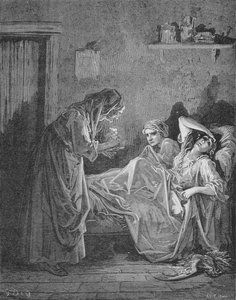 老女人和两个仆人的插图，来自Jean de La Fontaine的“寓言”（1621-95）