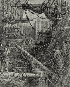 伦敦码头雕刻：古斯塔夫-多雷  选自"伦敦--朝圣之旅》，W.B. Jerrold 撰文，C. Maurant 刻版，1872 年。 作者 古斯塔夫·多尔（Gustave Dore）