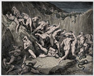 Inferno，Canto 24：盗贼受到毒蛇的折磨，来自Dante Alighieri的“神曲”的插图，1885年 作者 古斯塔夫·多尔（Gustave Dore）