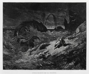 约拿被鲸鱼弹到陆地上，《多尔圣经》插图 作者 古斯塔夫·多尔（Gustave Dore）