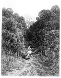 Lancelot在Astolat接近城堡，来自Alfred Tennyson的“国王的Idylls”插图（litho） 作者 古斯塔夫·多尔（Gustave Dore）