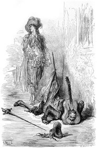 Leandre刚刚在Matamore的头上砸了一把吉他，为 "Fracass船长 "作插图 作者 古斯塔夫·多尔（Gustave Dore）