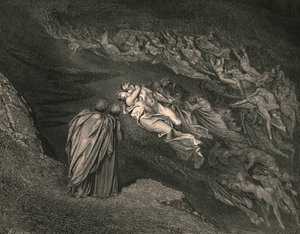 爱情使我们丧生：凯纳（Caina）等待灵魂，这分裂了我们的生活，c1890。 作者 古斯塔夫·多尔（Gustave Dore）
