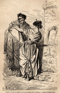 Man and woman of the people has the fountain, in Carmona, village near Seville. Sketch taken on the live by Gustave Dore (1832-1883). Engraving to illustrate the voyage in Spain, in 1862 by Charles Davillier and Gustave Dore, in “Le tour du monde, nouveau  作者 古斯塔夫·多尔（Gustave Dore）