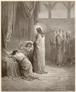 奇迹。耶稣基督治愈了耶鲁（Jairus或Jairos）的女儿。古斯塔夫-多尔（Gustave Dore，1832-1883）绘制的《圣经》中的雕版画。 作者 古斯塔夫·多尔（Gustave Dore）