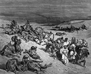 埃及七灾之一的“瘟疫”：出埃及记。 插图由古斯塔夫·多尔（Gustave Dore，1832-1883 年）法国画家和《圣经》（伦敦，1866 年）书籍插画家绘制。 木雕。 作者 Gustave Dore