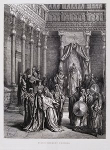 以斯帖王后在国王面前晕倒，插图选自《多尔圣经 作者 古斯塔夫·多尔（Gustave Dore）