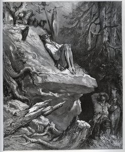 桑丘-潘萨找到了他的主人，一直在忏悔--出自米格尔-塞万提斯（1547-1616）的《堂吉诃德》（《堂吉诃德》）--根据古斯塔夫-多尔的画作绘制的木刻版画 作者 古斯塔夫·多尔（Gustave Dore）