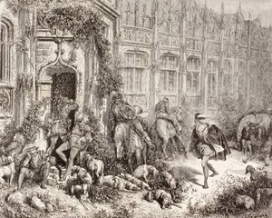 查尔斯-佩罗的《睡美人》场景。选自《El Mundo Ilustrado》，约于 1880 年在巴塞罗那出版。 作者 古斯塔夫·多尔（Gustave Dore）