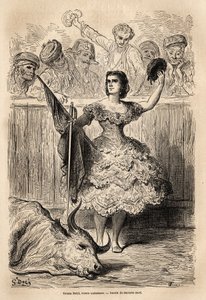 Scene of bullfighting: the triumph of Teresa Bolsi, Andalusian torrera, saluting the assembly that acclaim him in Seville. Sketch taken on the live by Gustave Dore (1832-1883). Engraving to illustrate the voyage in Spain, in 1862 by Charles Davillier and G 作者 古斯塔夫·多尔（Gustave Dore）