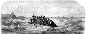 水手辛巴达（Sinbad）--一千零一个（1001）夜晚的故事--插图：古斯塔夫-多尔（Gustave Dore）--1865 年马克斯韦尔版--第三次航行：辛巴达和他的同伴们登上木筏航行 作者 古斯塔夫·多尔（Gustave Dore）