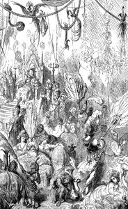 水手辛巴达（Sinbad）--一千零一夜（1001）的故事--古斯塔夫-多尔（Gustave Dore）绘制的插图--麦克斯韦 1865 年版--第六次航行--这幅版画可以表现塞伦迪布国王的宫廷，也可以表现哈里发哈伦-拉希德（Harun al-Rashid）的宫廷。 作者 古斯塔夫·多尔（Gustave Dore）