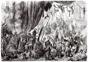 水手辛巴达（Sindbad）--一千零一夜（1001）的故事--古斯塔夫-多尔（Gustave Dore）的插图--麦克斯韦 1865 年版--第六次航行：塞伦迪布国王的宫廷 作者 古斯塔夫·多尔（Gustave Dore）