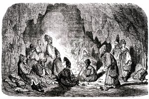 水手辛巴达（Sindbad）--一千零一个（1001）夜晚的故事--插图：古斯塔夫-多尔（Gustave Dore）--麦克斯韦 1865 年版--第一次航行：辛巴达被同伴遗弃在茫茫大海中，他到达了一个小岛，在一个山洞里遇到了苍蝇 作者 古斯塔夫·多尔（Gustave Dore）