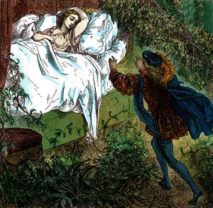 "睡美人 "白马王子走近美丽的睡公主。古斯塔夫-多尔（1832-1883 年）为查尔斯-佩罗（1628-1703 年）的《童话》绘制的版画 作者 古斯塔夫·多尔（Gustave Dore）