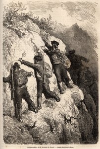 来自 Serrania de Ronda 的走私者。 古斯塔夫·多尔（Gustave Dore，1832-1883 年）的绘画，以说明他 1862 年的西班牙之行，与 Ch. 戴维利耶。 雕刻在“Le tour du monde”，Edouard Charton 编辑 作者 古斯塔夫·多尔（Gustave Dore）