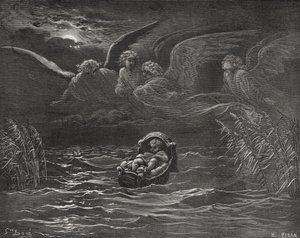 尼罗河上的儿童摩西，出埃及记2：1-4，多尔的“圣经”中的插图，由H.Pisan雕刻，1866年 作者 古斯塔夫·多尔（Gustave Dore）
