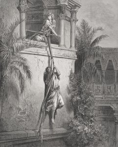 大卫逃离窗户，插图来自多尔的“圣经”，1866年 作者 古斯塔夫·多尔（Gustave Dore）