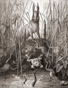 野兔和青蛙，来自19世纪晚期版本的Fables de La Fontaine（木版画）