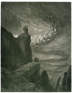 古斯塔夫·多雷绘制的《但丁·阿利吉耶里的地狱》（《神曲》）。 1861 年法文版。“地狱风暴，永远不复存在/留下掠夺的灵魂。 （永不停息的地狱飓风，将灵魂卷入旋风之中）”， 作者 古斯塔夫·多尔（Gustave Dore）