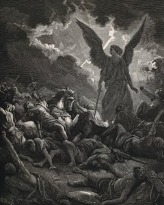 圣经。 1866. 西拿基立（公元前 705-681 年）。 亚述国王（公元前 705-681 年）。 西拿基立军队的耶和华使者。 雕刻 作者 古斯塔夫·多尔（Gustave Dore）