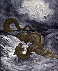 利维坦，类似于《圣经》中提到的海蛇的海怪。古斯塔夫-多尔为《圣经》绘制的插图。19世纪的雕版画。 作者 古斯塔夫·多尔（Gustave Dore）