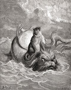 猴子和海豚》取材于古斯塔夫-多尔为拉封丹寓言创作的作品。选自《古斯塔夫-多尔的生平与回忆》，1885 年出版。 作者 古斯塔夫·多尔（Gustave Dore）