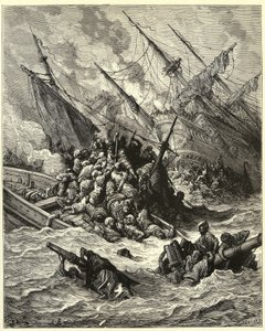"莱班托海战" 1571 年，西班牙、威尼斯和教皇联军在希腊近海与奥斯曼帝国展开了一场海战。古斯塔夫-多尔（1832-1883 年）根据约瑟夫-弗朗索瓦-米肖《十字军东征史》绘制的版画 作者 古斯塔夫·多尔（Gustave Dore）