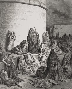 哀悼耶路撒冷遗址的人们，哀悼1：1-2多尔的“圣经”中的插图，由A. Bertrand 1866年刻。 作者 古斯塔夫·多尔（Gustave Dore）