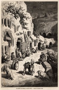 The caves (underground houses) of gypsies, in Sacro Monte, in Granada. Drawing by Gustave Dore (1832-1883), to illustrate his trip to Spain in 1862, accompanied by Ch.Davillier. Engraving in “” Le tour du monde””, edited by Edouard Charton 作者 古斯塔夫·多尔（Gustave Dore）