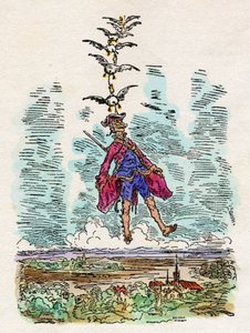 鸭子们将蒙乔生男爵（Munchhausen）高高举起。古斯塔夫-多尔（1832-1883 年）为鲁道夫-埃里希-里奇-蒙乔生男爵的""蒙乔生男爵神奇的海陆历险记》的插图，作者鲁道夫-埃里希-拉斯佩（1737-1794 年）。 作者 古斯塔夫·多尔（Gustave Dore）