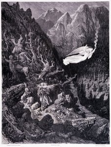 The old man holding a purse and his stick walking in a hostile landscape is surmounted by an angel waving a spee of fire, Plate VII - Illustration by Gustave Dore (1832-1883), for La legende du Jew wandering by Pierre Dupont, Edition Librairie du magasin p 作者 古斯塔夫·多尔（Gustave Dore）