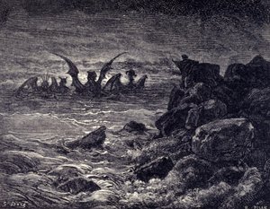 先知丹尼尔看到怪物出现：Haniel、Kafziel、Azriel、Aniel。 Gustave Dore 插图的圣经雕刻。 19世纪 作者 古斯塔夫·多尔（Gustave Dore）