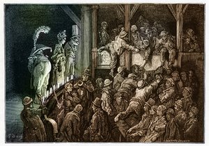 剧院：戏剧表演中的观众。彩色版画，选自古斯塔夫-多尔（1832-1883 年）绘制的《伦敦，朝圣之旅》插图 作者 古斯塔夫·多尔（Gustave Dore）