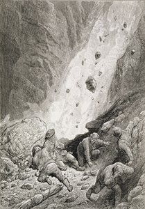 “他们看到了大量的岩石，巨石和石头，飞镖转角”，来自爱德华·怀特姆（1840-1911）的“马特宏峰的上升”，出版于1860年代至80年代 作者 古斯塔夫·多尔（Gustave Dore）