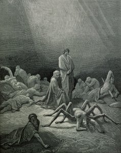 维吉尔（公元前70  -  19年）和但丁看着蜘蛛女，插图来自&39;神曲&39;（地狱）由丹特阿利吉耶里（1265-1321）巴黎，1885年出版 作者 古斯塔夫·多尔（Gustave Dore）