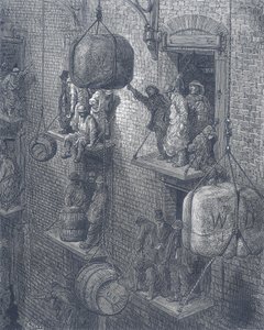 伦敦市的仓库。选自 Gustave Dore 和 Blanchard Jerrold London：1872 年伦敦朝圣之旅。 作者 Gustave Dore