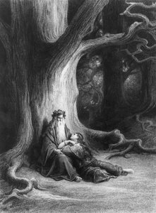 巫师梅林和仙女薇薇安在布罗塞连德的森林里。根据阿尔弗雷德-丁尼生的诗歌《薇薇安》（由巴黎哈谢特出版社出版，1868年）。 作者 古斯塔夫·多尔（Gustave Dore）