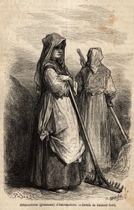 the gleaners of Estremadure, with their large wooden rakes to pick up the part of the crop that was forgotten in the fields after the harvest. Engraving to illustrate the voyage to Spain by Gustave Dore (1832-1883) illustrator and Baron Ch. Davillier react 作者 古斯塔夫·多尔（Gustave Dore）