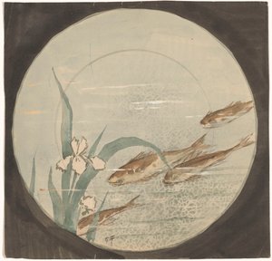 设计一个标志，显示白色鸢尾花附近有四条棕色、向下游动的鱼 作者 Gustave Fraipont（艺术家签名）
