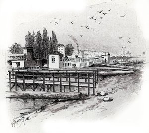 Atelier de repparation des bateau omnibus (Bateau-bus) à Paris（巴黎塞纳河上的水上巴士（通勤船）修理厂） Gustave Fraipont（1849-1923 年）根据 Saint-Juirs 的《La seine a travers Paris》绘制的图画