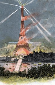 1889 年巴黎世界博览会期间被照亮的埃菲尔铁塔 古斯塔夫·弗莱蓬 (Gustave Fraipont，1849-1923) 的绘画取自圣朱尔 (Saint-Juirs) 的《穿越巴黎的塞纳河》