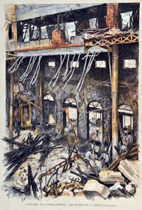 1887年5月25日，巴黎喜剧院（Opera-Comique）在安布罗斯-托马斯（Ambroise Thomas）的第一幕 "米尼翁 "演出时发生火灾。内部的废墟。Gustave Fraipont (1849 -1923)的插图，1887年在 "巴黎画报周刊 "上的版画。 作者 古斯塔夫·弗赖蓬（Gustave Fraipont）