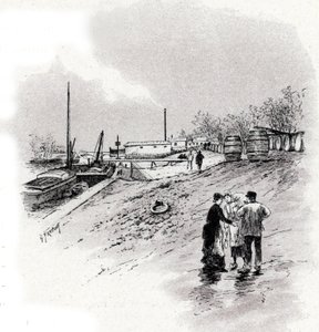 巴黎塞纳河河岸和圣贝尔纳河岸的景色 古斯塔夫-弗雷蓬（1849-1923 年）根据圣儒尔的作品《穿越巴黎的塞纳河》绘制的图画