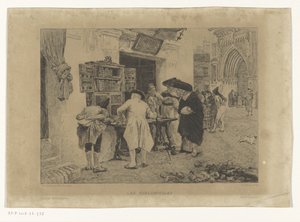 男人们聚集在书店的陈列周围 Les Bibliophiles（物体上的标题） 作者 古斯塔夫·玛丽·格鲁克斯（Gustave Marie Greux）