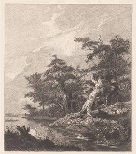 河流景观，树桩旁休息的牧羊人 作者 古斯塔夫·玛丽·格鲁克斯（Gustave Marie Greux）
